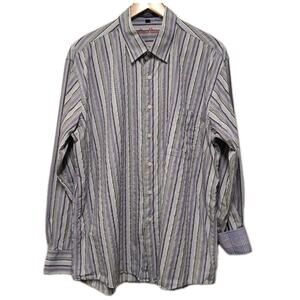 Alan Flusser Button Down Shirt Mens XL Purple Gray Striped Long Sleeve Flip Cuff